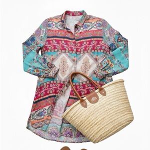 Johnny Was Meco Scarf Print Multicolor Bohemian Silk Tunic Size L EUC